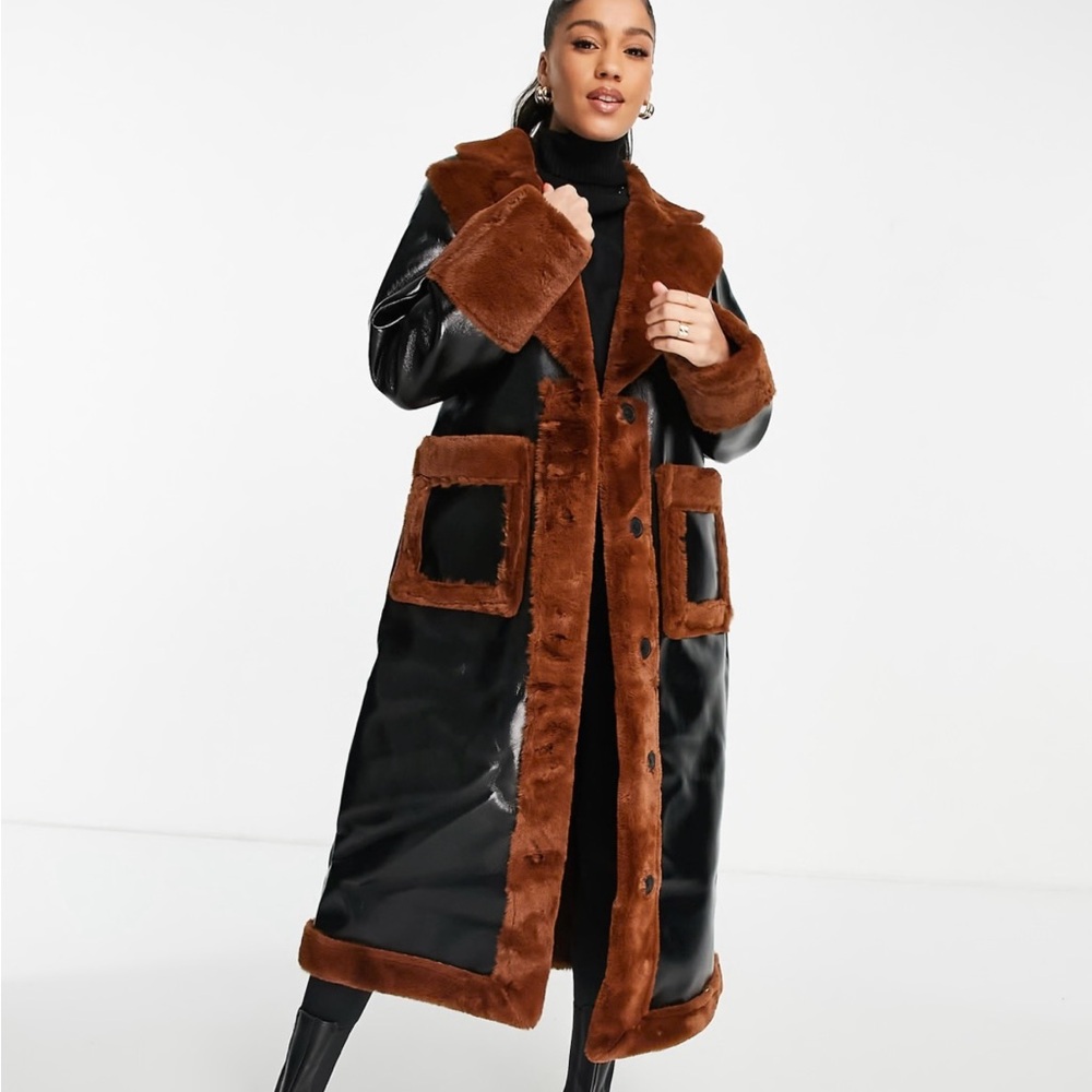 Faux Fur Trim Vinyl Coat (BRAND NEW)